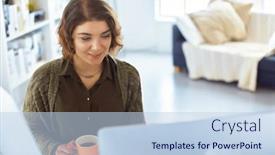  Presentation with woman office desk - Presentation theme enhanced with attractive-smiling-woman-sitting background and a light blue colored foreground