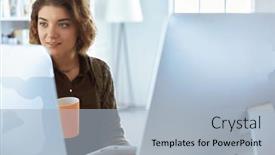  Presentation with woman office desk - Theme featuring attractive-smiling-woman-sitting background and a light blue colored foreground