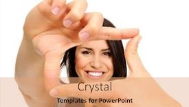  Presentation with create - PPT theme consisting of attractive smiling woman using her hands to create a border around her face background and a coral colored foreground