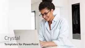  Presentation with african american in computer - Audience pleasing PPT theme consisting of attractive-smiling-young-african-woman backdrop and a light gray colored foreground