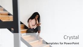  Presentation with mobile home - PPT theme featuring attractive-smiling-young-african-woman background and a sky blue colored foreground