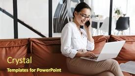  Presentation with mobile home - Colorful presentation design enhanced with attractive-smiling-young-asian-business backdrop and a tawny brown colored foreground