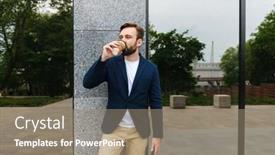  Presentation with takeaway coffee - Amazing slide set having attractive smiling young bearded man wearing jacket standing outdoors at the city and drinking takeaway coffee backdrop and a coral colored foreground