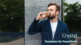  Presentation with takeaway coffee - Presentation theme featuring attractive smiling young bearded man wearing jacket standing outdoors at the city and drinking takeaway coffee background and a ocean colored foreground