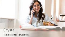  Presentation with cafe - Cool new presentation theme with attractive-smiling-young-brunette-woman backdrop and a lemonade colored foreground