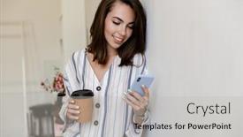 Presentation with takeaway coffee - Theme with attractive-smiling-young-girl-leaning background and a light gray colored foreground