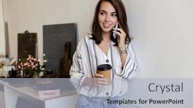  Presentation with takeaway coffee - Audience pleasing theme consisting of attractive-smiling-young-girl-leaning backdrop and a light gray colored foreground