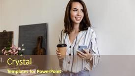 Presentation with takeaway coffee - PPT layouts featuring attractive-smiling-young-girl-leaning background and a tawny brown colored foreground