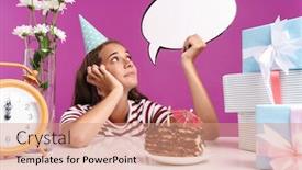  Presentation with pink birthday - Slide deck having attractive smiling young girl sitting at the desk with a birthday cake isolated over pink background celebrating holding empty speech bubble background and a coral colored foreground