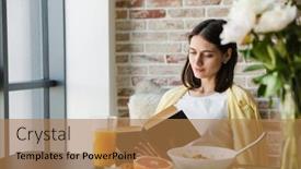  Presentation with reading table - Audience pleasing slide deck consisting of attractive-smiling-young-lovely-brunette backdrop and a coral colored foreground