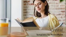  Presentation with reading table - PPT theme featuring attractive-smiling-young-lovely-brunette background and a coral colored foreground