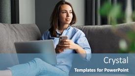  Presentation with computer room - Presentation consisting of attractive-smiling-young-woman-relaxing background and a teal colored foreground