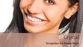  Presentation with latina - Presentation theme consisting of attractive-smiling-young-woman background and a coral colored foreground