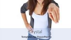  Presentation with points - Beautiful slide deck featuring attractive teenage girl points with finger all on white background backdrop and a light blue colored foreground