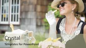  Presentation with twenties - Cool new slides with attractive twenties dressed woman eating backdrop and a soft green colored foreground