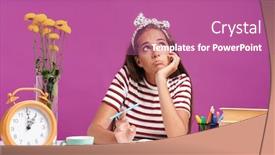  Presentation with taking notes - PPT layouts having attractive upset young girl sitting at the desk isolated over pink background doing homework taking notes background and a coral colored foreground