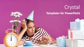  Presentation with pink birthday - Slide deck consisting of attractive upset young girl sitting at the desk with a birthday cake isolated over pink background background and a coral colored foreground