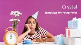  Presentation with pink birthday - Beautiful theme featuring attractive upset young girl sitting at the desk with a birthday cake isolated over pink background backdrop and a coral colored foreground