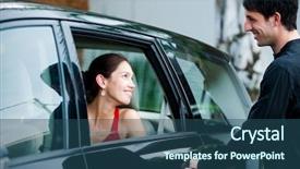  Presentation with car door - Slides with attractive well-dressed man opening background and a ocean colored foreground