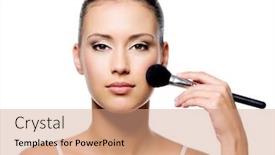  Presentation with rough - Cool new presentation theme with attractive woman applying rough on beautiful face - isolated on white backdrop and a coral colored foreground