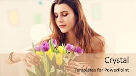  Presentation with flowers vase - Presentation theme featuring attractive woman arranging tulips flowers background and a  colored foreground