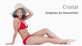  Presentation with eye - Audience pleasing PPT layouts consisting of attractive woman blinking an eye while sitting down against a white background backdrop and a white colored foreground