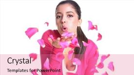  Presentation with pink rose petals - Colorful slide deck enhanced with attractive woman blowing pink rose petals from her hand isolated on white background motion blur on the petals backdrop and a coral colored foreground