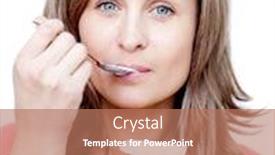  Presentation with yogurt - PPT theme enhanced with attractive-woman-eating-a-yogurt background and a coral colored foreground