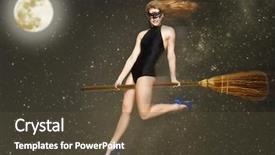  Presentation with flying - Theme consisting of attractive woman flying on broomstick background and a tawny brown colored foreground