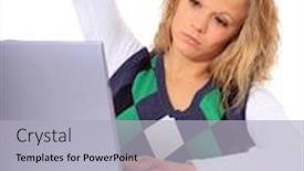  Presentation with notebook - PPT theme having attractive-woman-got-a-problem background and a  colored foreground