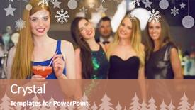  Presentation with snowflakes - Presentation design consisting of attractive woman holding cocktail standing in front of her friends against fir tree forest and snowflakes background and a coral colored foreground