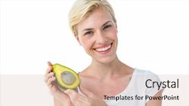  Presentation with fresh avocado - PPT theme featuring attractive woman holding fresh avocado on white background background and a lemonade colored foreground