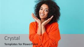  Presentation with colorful hands - Beautiful slide set featuring attractive woman in colorful shirt looking on camera with smile and keeping hands at face isolated over blue background backdrop and a red colored foreground