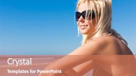  Presentation with sun blue sky and ocean - Colorful PPT theme enhanced with attractive woman in monokini standing backdrop and a  colored foreground