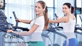  Presentation with young people in the club - Cool new presentation theme with attractive woman in the fitness backdrop and a  colored foreground