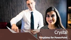  Presentation with restaurant menu - Slide deck with attractive woman ordering to the waiter from the menu at the restaurant background and a tawny brown colored foreground