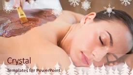  Presentation with snowflakes - PPT layouts consisting of attractive woman receiving chocolate back mask at spa center against fir tree forest and snowflakes background and a lemonade colored foreground