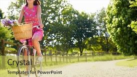  Presentation with country - Theme having attractive woman riding bike along country lane background and a yellow colored foreground