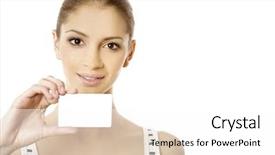  Presentation with space suit - Beautiful PPT layouts featuring attractive woman showing business card young female professional executive smiling in white suit - closeup and copy space of business card backdrop and a white colored foreground