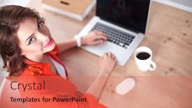  Presentation with woman office desk - Beautiful slide deck featuring attractive woman sitting at desk in office working with laptop computer backdrop and a coral colored foreground