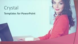  Presentation with woman office desk - Slide deck with attractive woman sitting at desk in office working with laptop computer background and a cool aqua colored foreground