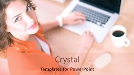  Presentation with woman office desk - Colorful slides enhanced with attractive woman sitting at desk in office working with laptop computer backdrop and a coral colored foreground