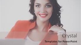  Presentation with woman office desk - Colorful presentation theme enhanced with attractive woman sitting at desk in office working with laptop computer backdrop and a coral colored foreground