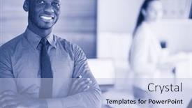  Presentation with woman office desk - Beautiful slide deck featuring attractive woman sitting at desk in office working with laptop having takeaway coffee backdrop and a light blue colored foreground