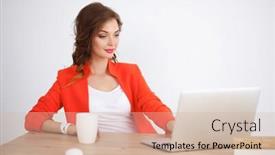  Presentation with woman office desk - Amazing presentation theme having attractive-woman-sitting-at-desk backdrop and a soft green colored foreground