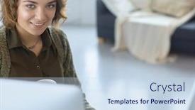  Presentation with woman office desk - Cool new presentation theme with attractive-woman-sitting-at-office backdrop and a sky blue colored foreground