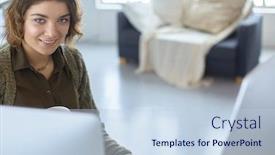  Presentation with woman office desk - Beautiful presentation design featuring attractive-woman-sitting-at-office backdrop and a light blue colored foreground