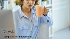  Presentation with woman office desk - Presentation theme enhanced with attractive-woman-sitting-at-office background and a light blue colored foreground