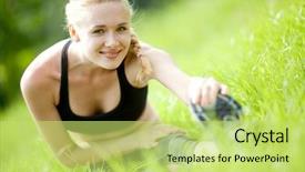  Presentation with brain fitness - Amazing presentation design having attractive woman stretching before fitness backdrop and a yellow colored foreground