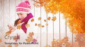  Presentation with autumn wood - Cool new PPT theme with attractive woman using her smartphone against autumn leaves on wood backdrop and a lemonade colored foreground
